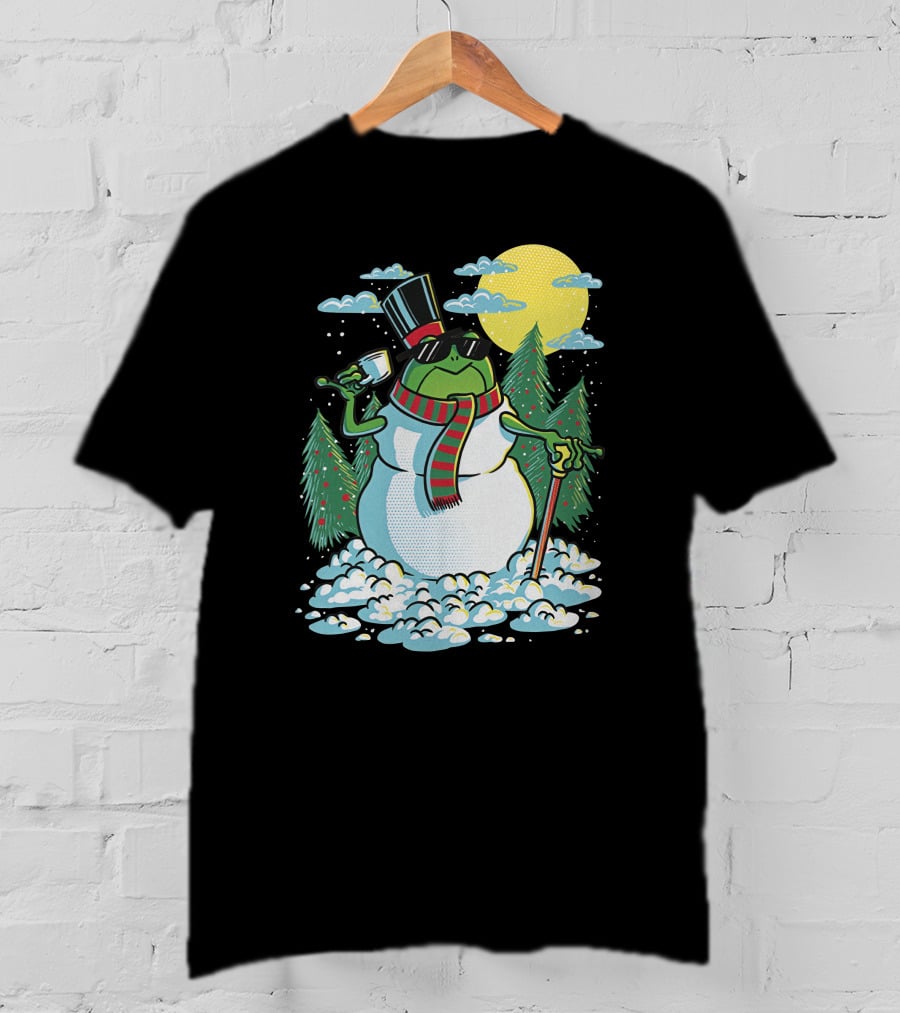 BoomerNA Merch BoomerNA Snowfrog Frog Snowman Christmas Tree Top Hat Cane T-Shirt