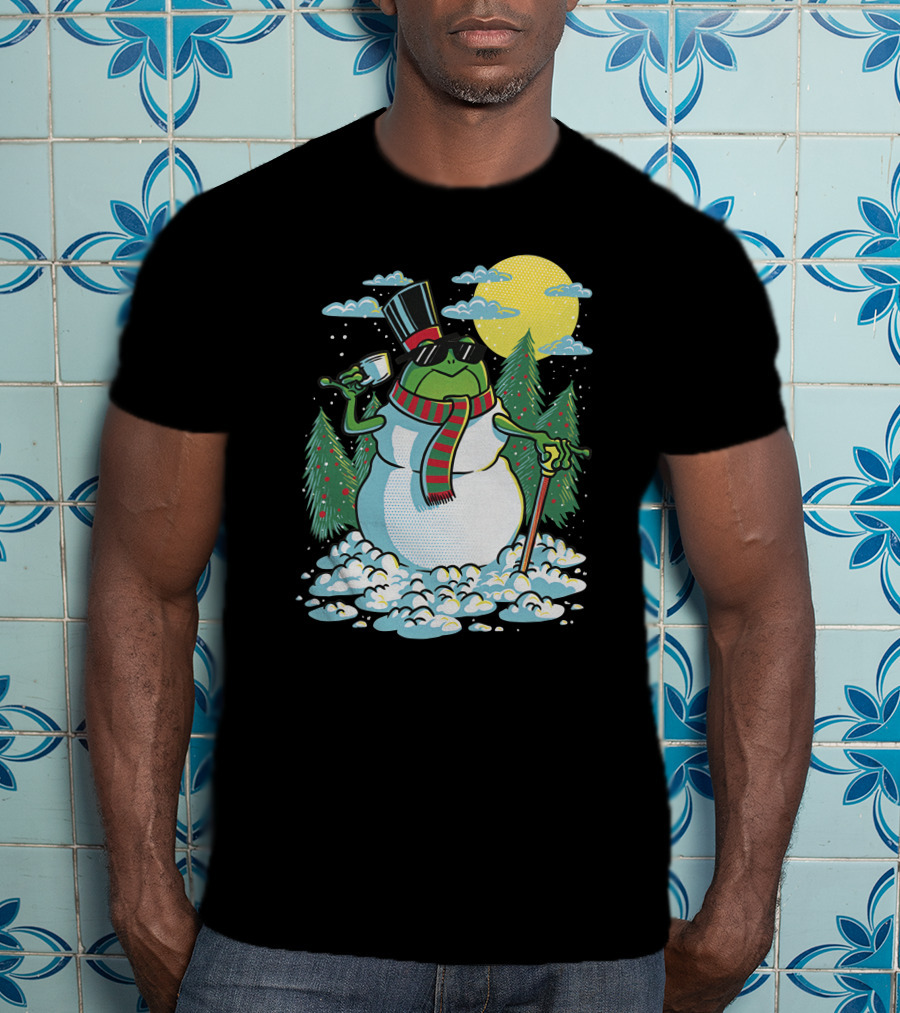 BoomerNA Merch BoomerNA Snowfrog Frog Snowman Christmas Tree Top Hat Cane T-Shirt
