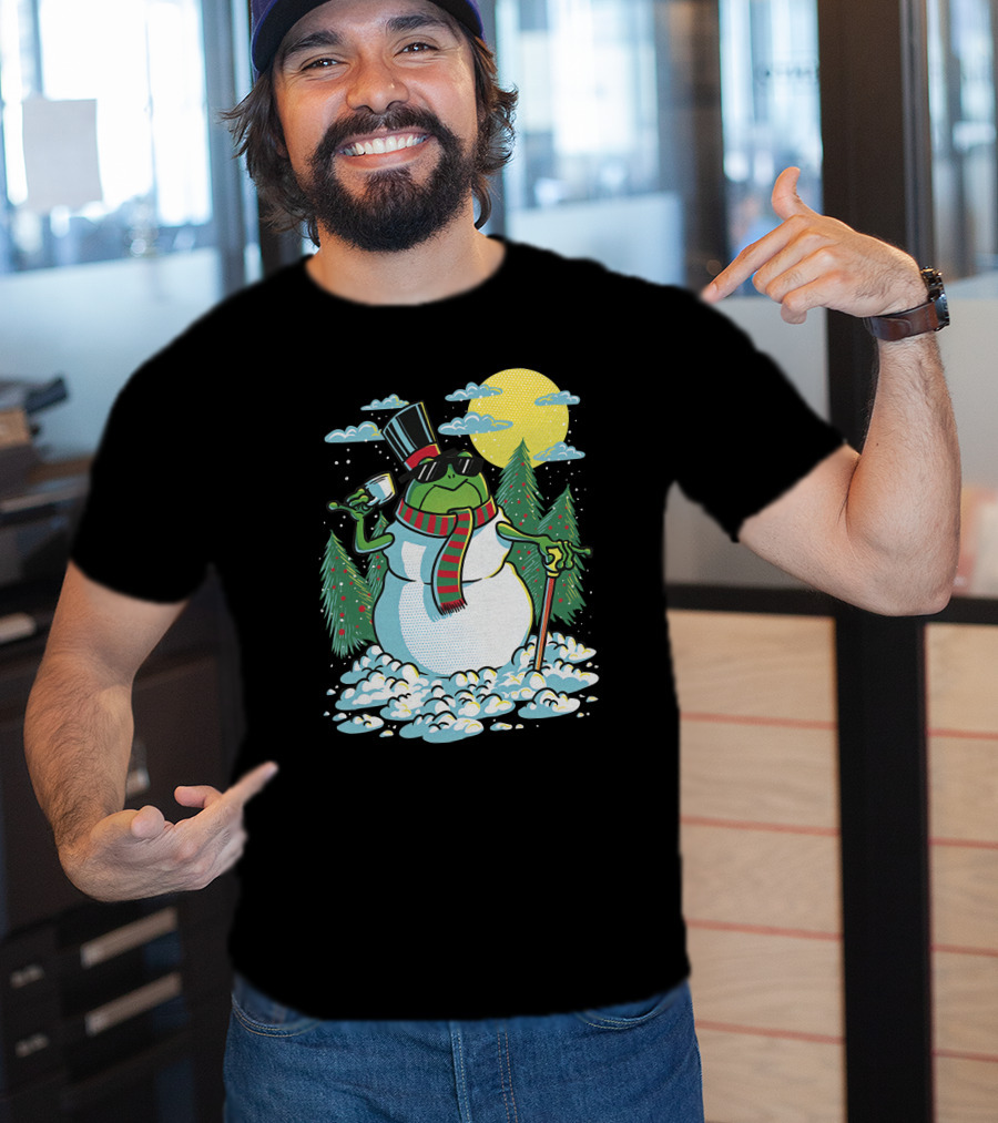 BoomerNA Merch BoomerNA Snowfrog Frog Snowman Christmas Tree Top Hat Cane T-Shirt
