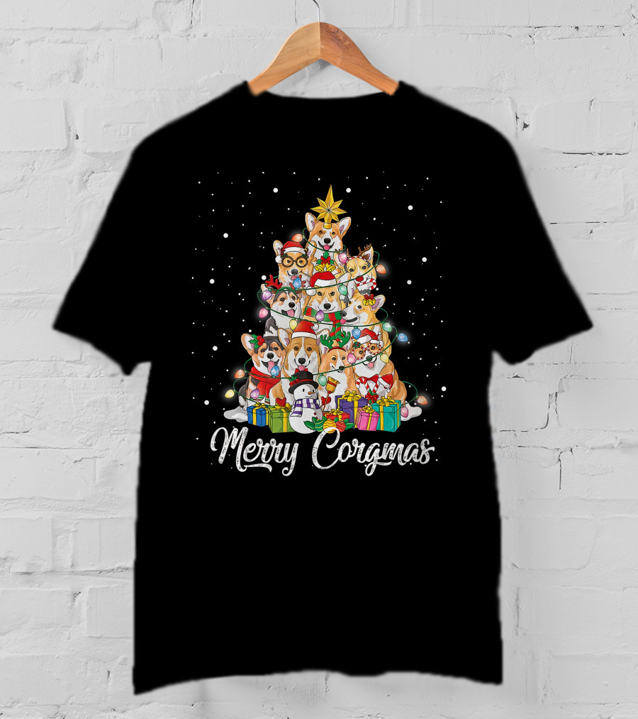 Merry Corgmas Corgi Christmas Tree Dog Gifts Snowman Star Lights T-Shirt