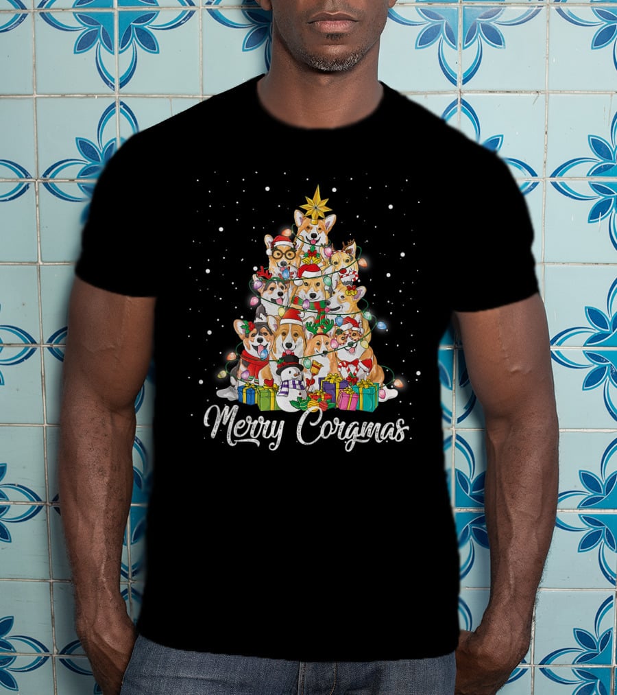 Merry Corgmas Corgi Christmas Tree Dog Gifts Snowman Star Lights T-Shirt