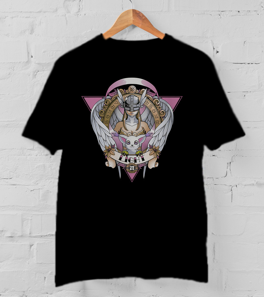 Angewomon Digimon Light Angel Wings Sacred Geometry Design Fight Banner T-Shirt