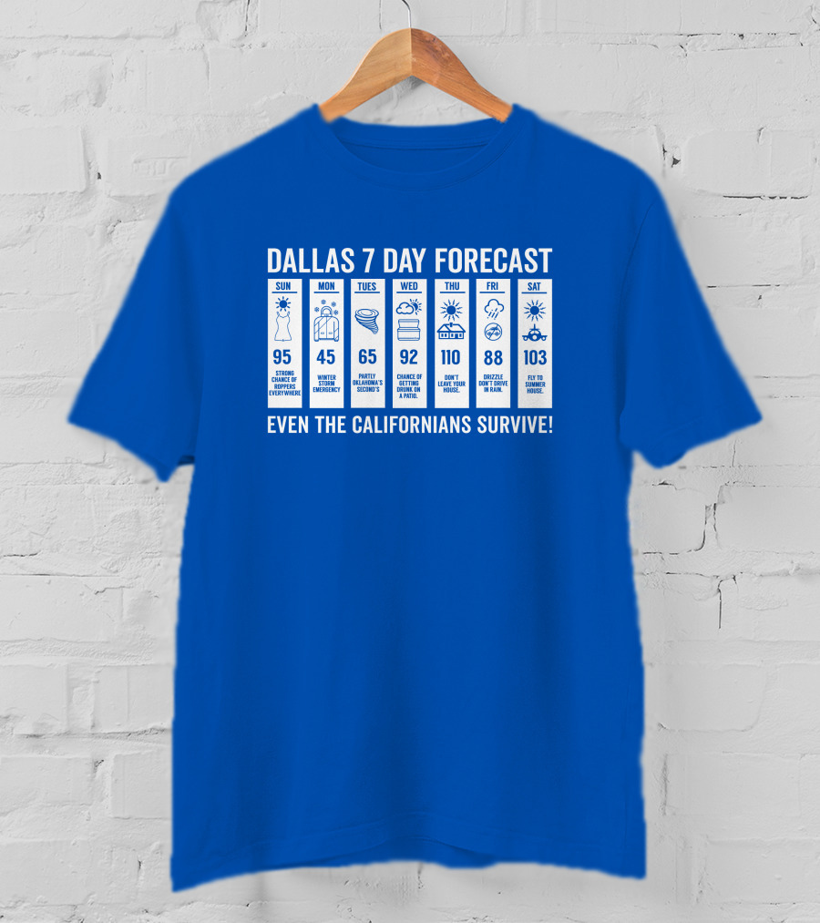 Dallas 7 Day Forecast Weather Parody Even The Californians Survive Bullzerk Merch T-Shirt