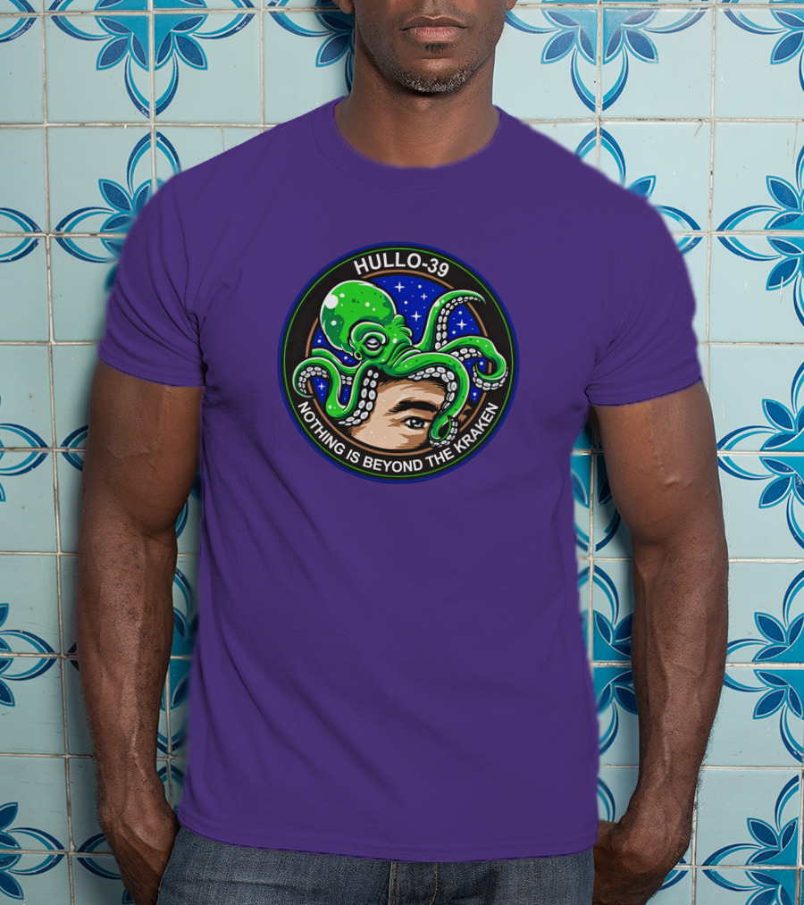Hullo-39 Nothing Is Beyond The Kraken Green Octopus Starry Sky Badge T-Shirt