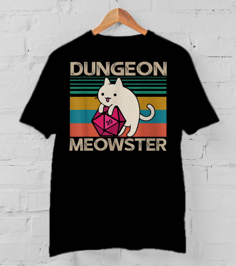 Dungeon Meowster Nerdy Gamer Cat D20 RPG Retro Stripes T-Shirt