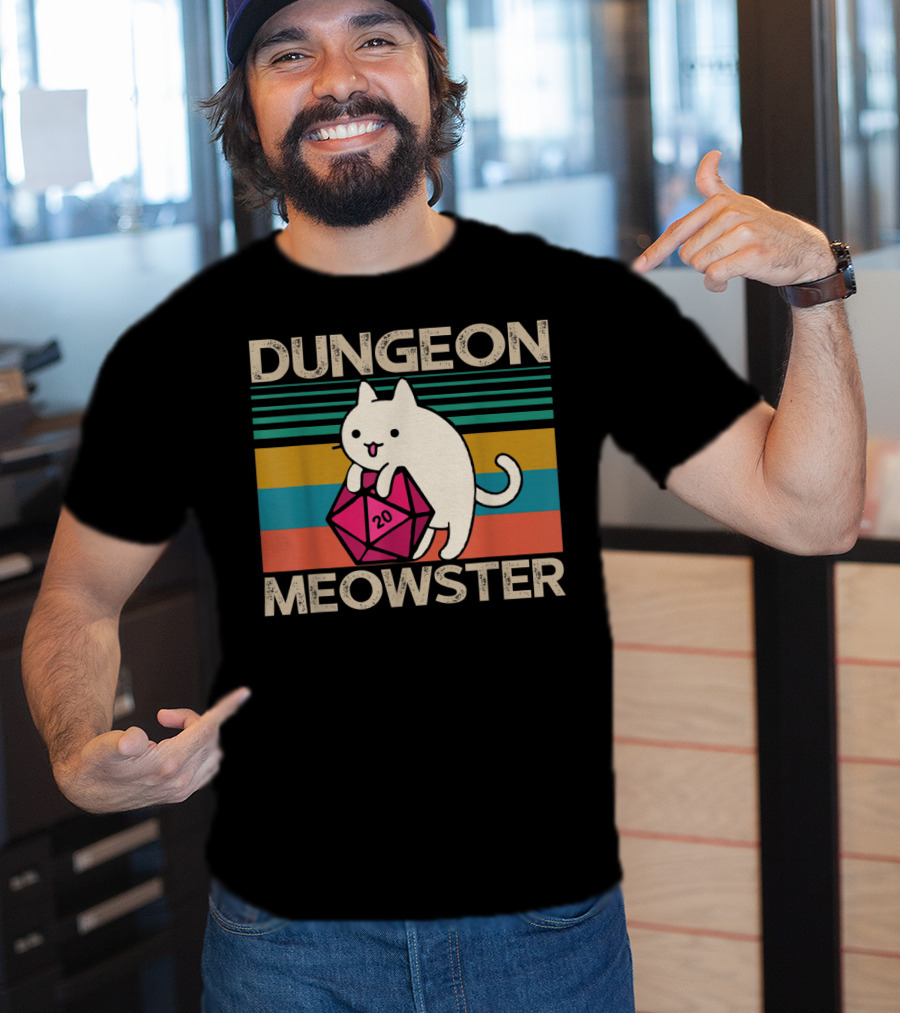 Dungeon Meowster Nerdy Gamer Cat D20 RPG Retro Stripes T-Shirt
