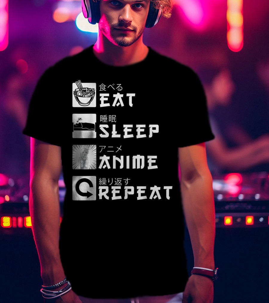 Eat Sleep Anime Repeat Japanese Manga Cosplay Bowl Zzzz Girl Arrows T-Shirt