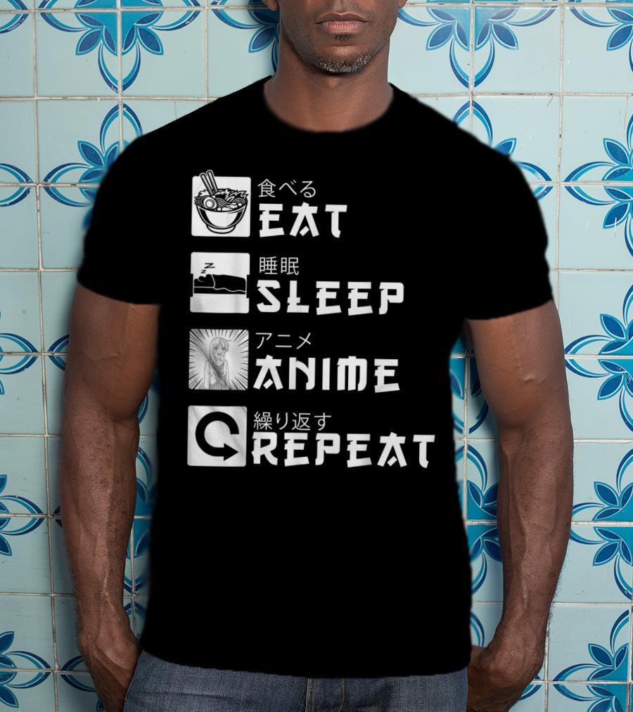 Eat Sleep Anime Repeat Japanese Manga Cosplay Bowl Zzzz Girl Arrows T-Shirt