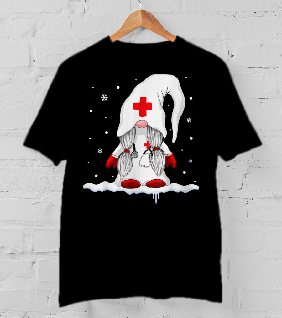 Gnome Nurse With Stethoscope And Red Cross Winter Scene T-Shirt