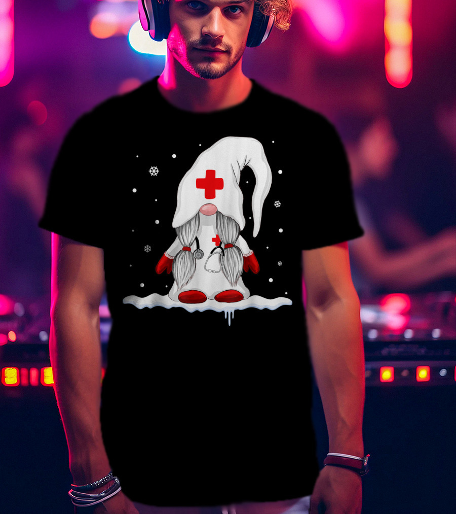 Gnome Nurse With Stethoscope And Red Cross Winter Scene T-Shirt