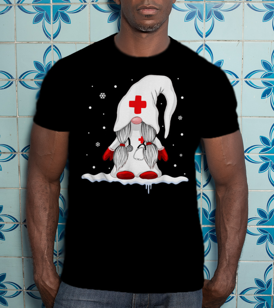 Gnome Nurse With Stethoscope And Red Cross Winter Scene T-Shirt