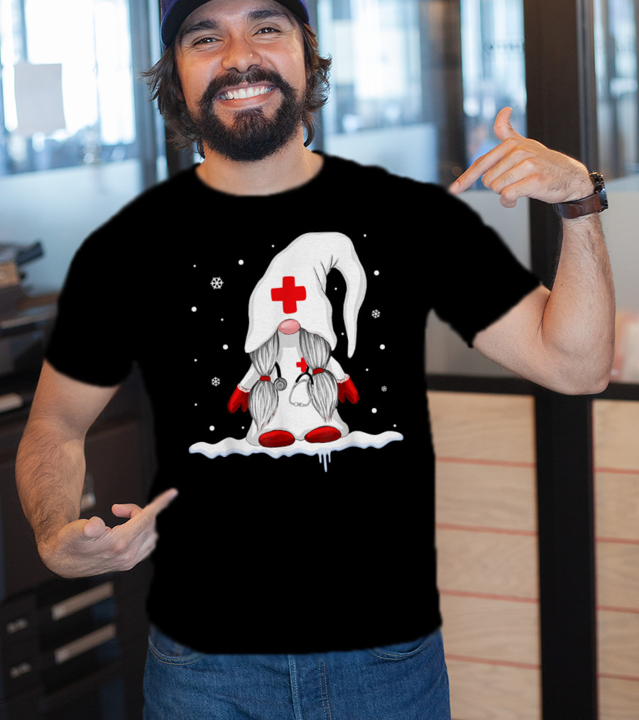 Gnome Nurse With Stethoscope And Red Cross Winter Scene T-Shirt