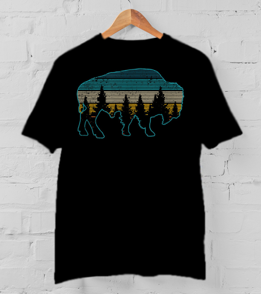 Bison Silhouette With Forest And Stripes American Buffalo National Park T-Shirt