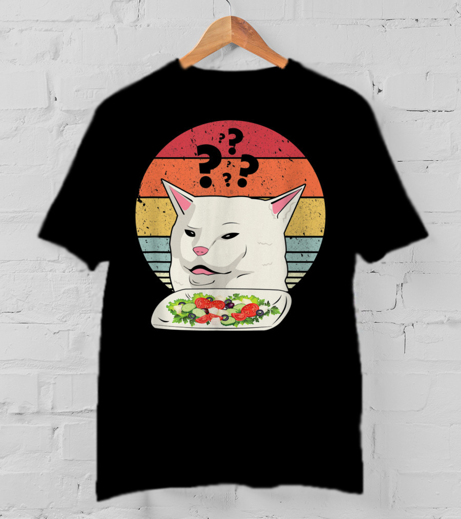 Cat Meme Confused Expression With Salad And Retro Color Stripes T-Shirt