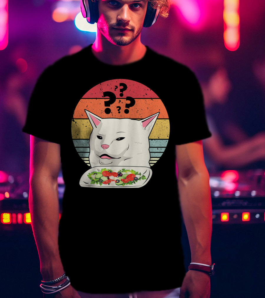 Cat Meme Confused Expression With Salad And Retro Color Stripes T-Shirt