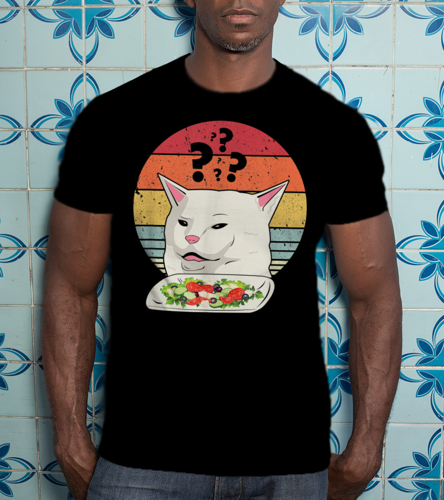 Cat Meme Confused Expression With Salad And Retro Color Stripes T-Shirt