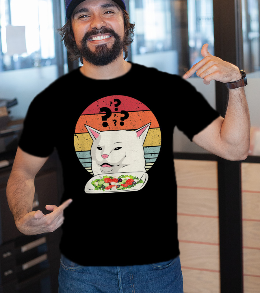 Cat Meme Confused Expression With Salad And Retro Color Stripes T-Shirt