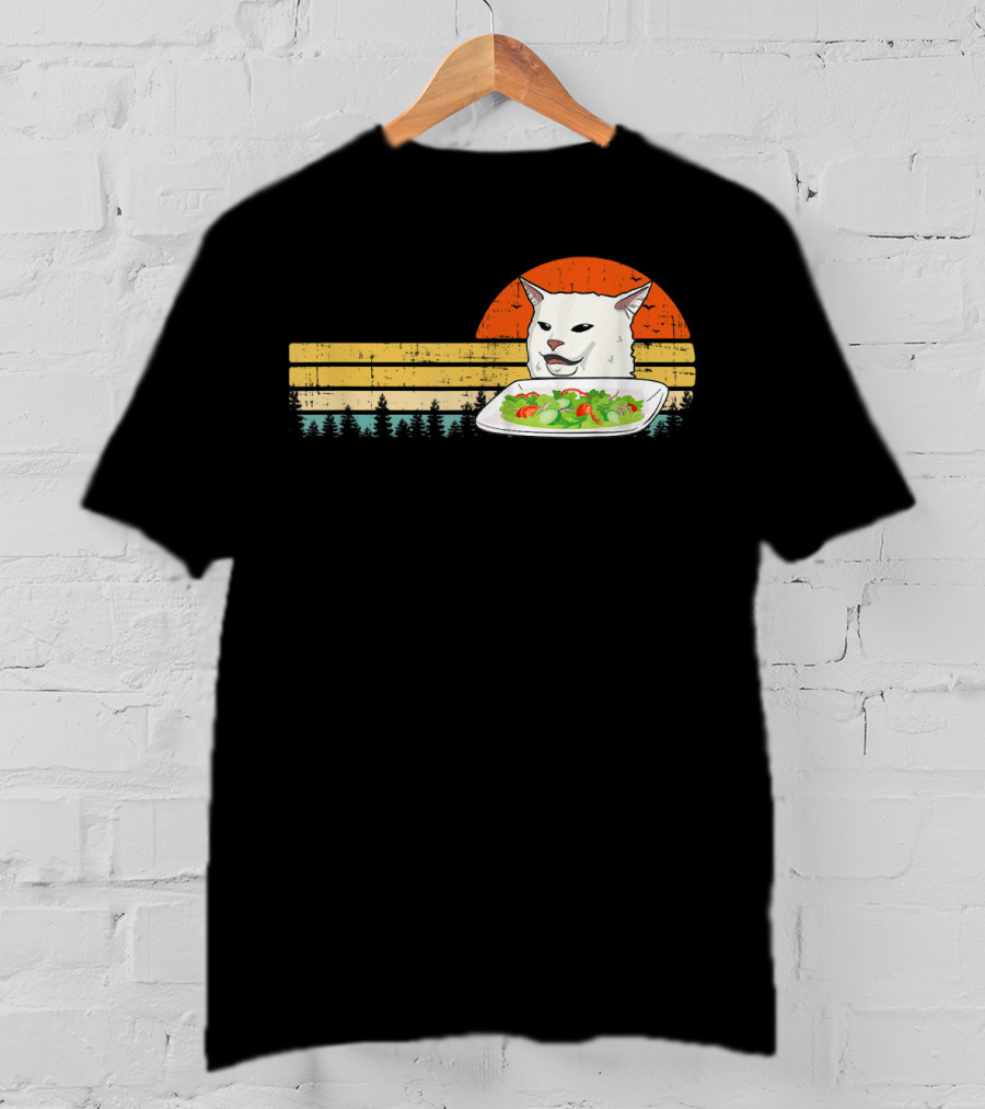 Yelling Cat Meme Retro Sunset Salad Plate Forest Scene T-Shirt