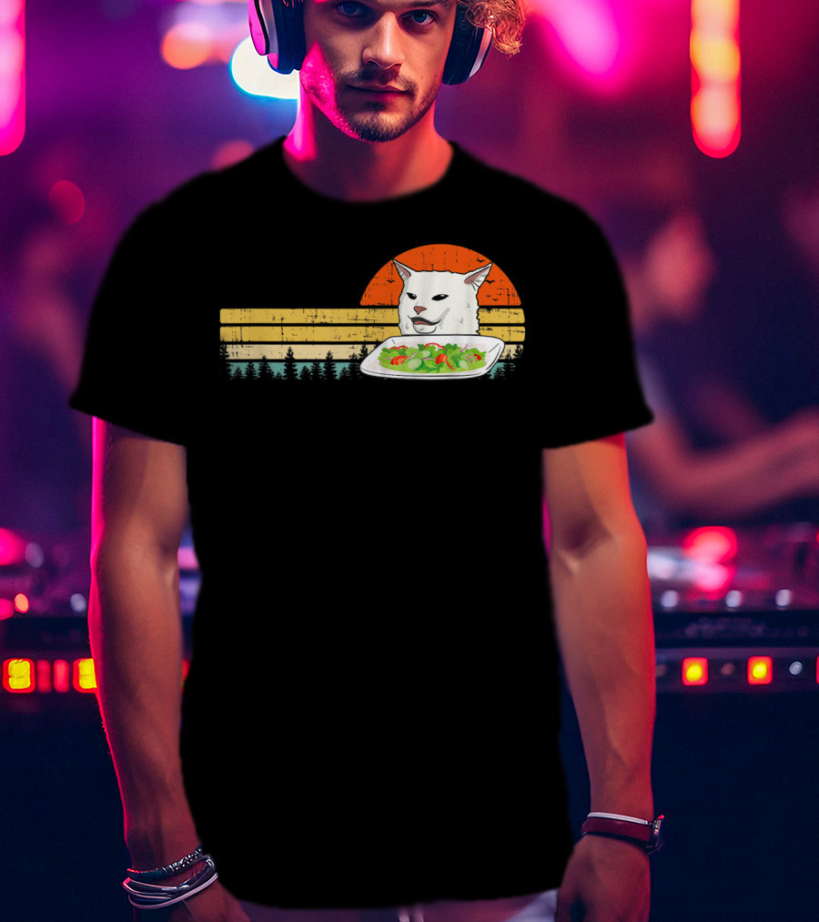 Yelling Cat Meme Retro Sunset Salad Plate Forest Scene T-Shirt