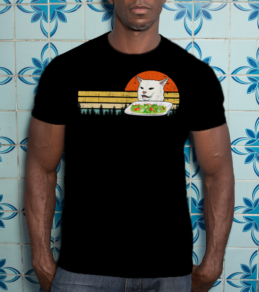 Yelling Cat Meme Retro Sunset Salad Plate Forest Scene T-Shirt