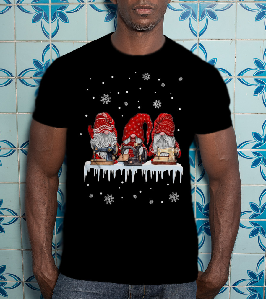 Christmas Gnome Red Sewing Machine Snowflakes T-Shirt