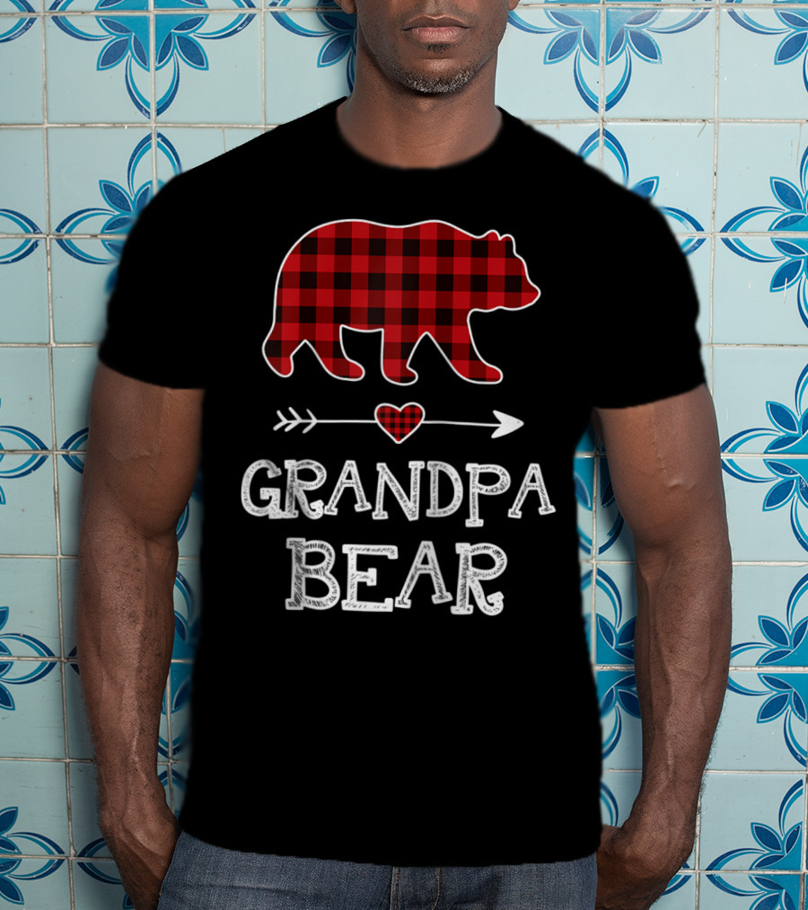Grandpa Bear Christmas Red Plaid Buffalo Raglan Baseball T-Shirt