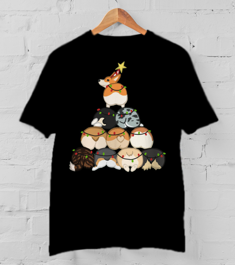 Corgi Butt Christmas Tree With Festive Lights And Star Topper T-Shirt