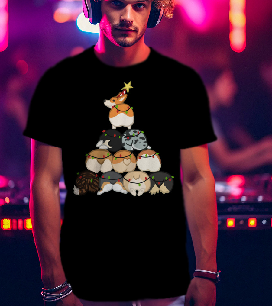 Corgi Butt Christmas Tree With Festive Lights And Star Topper T-Shirt