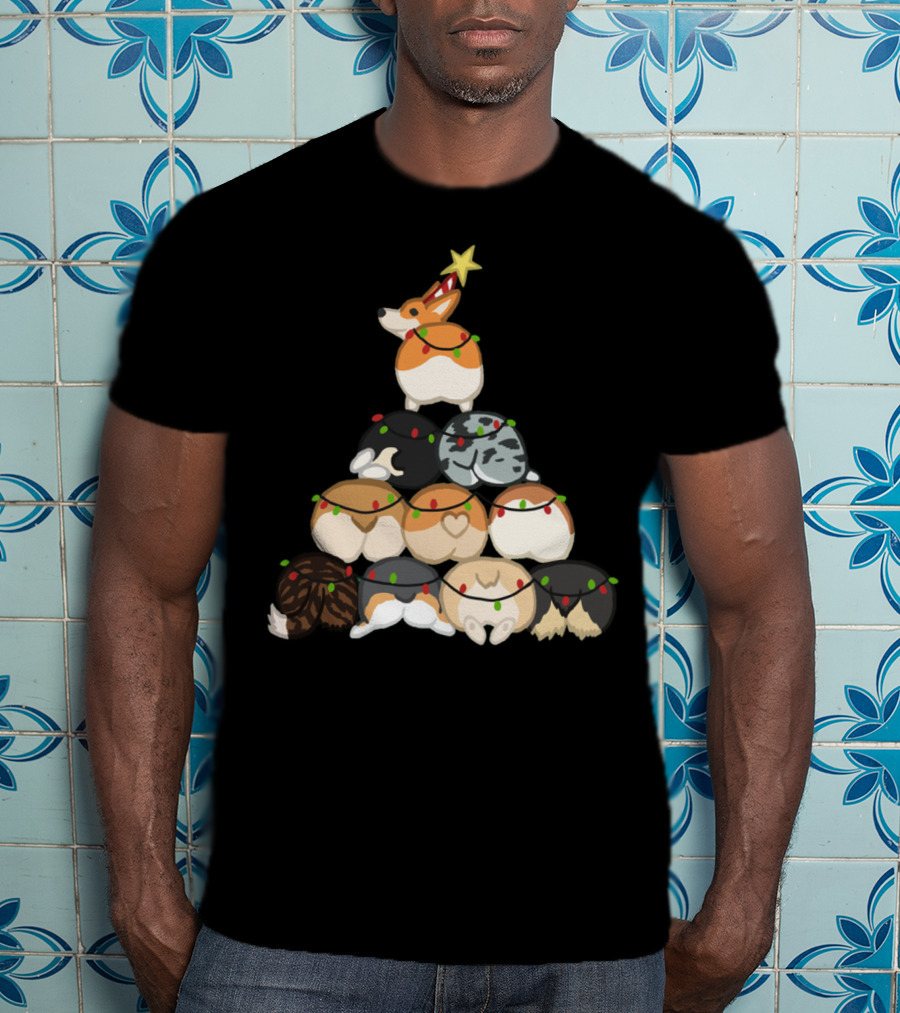 Corgi Butt Christmas Tree With Festive Lights And Star Topper T-Shirt