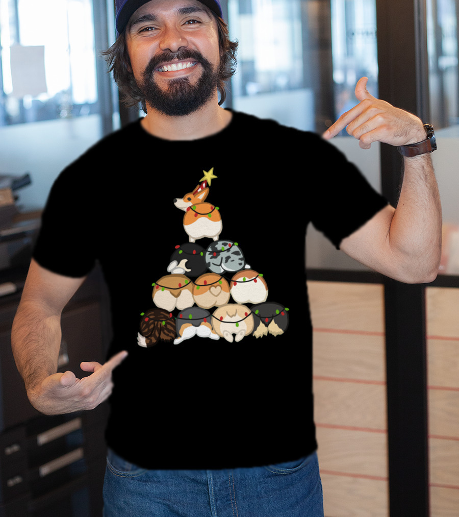 Corgi Butt Christmas Tree With Festive Lights And Star Topper T-Shirt