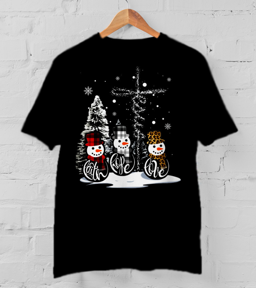 Faith Hope Love Snowmen Jesus Christmas Leopard Plaid T-Shirt