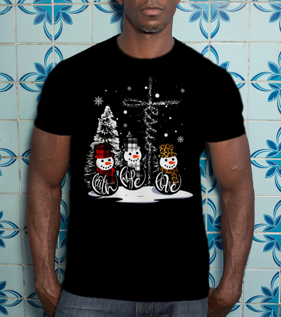 Faith Hope Love Snowmen Jesus Christmas Leopard Plaid T-Shirt