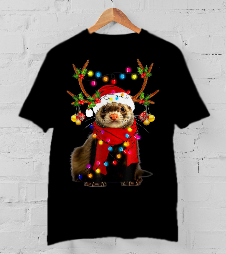 Ferret Santa Reindeer Christmas Lights T-Shirt