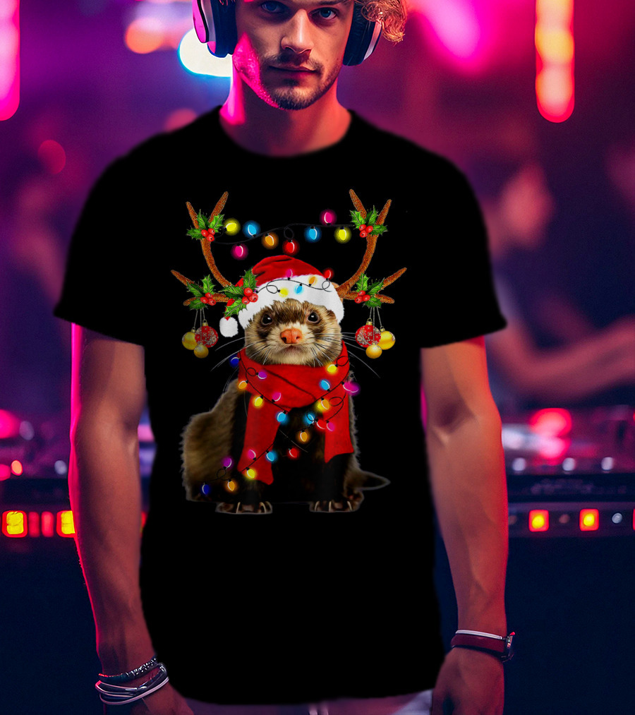 Ferret Santa Reindeer Christmas Lights T-Shirt