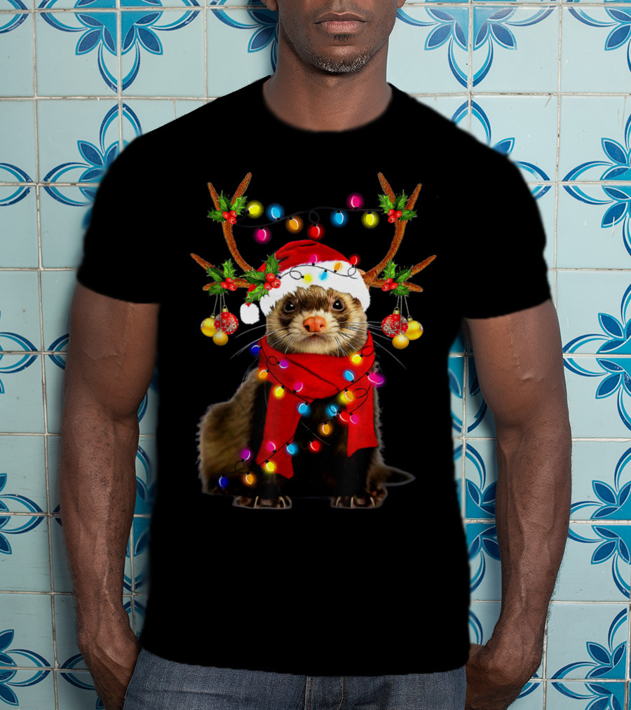 Ferret Santa Reindeer Christmas Lights T-Shirt