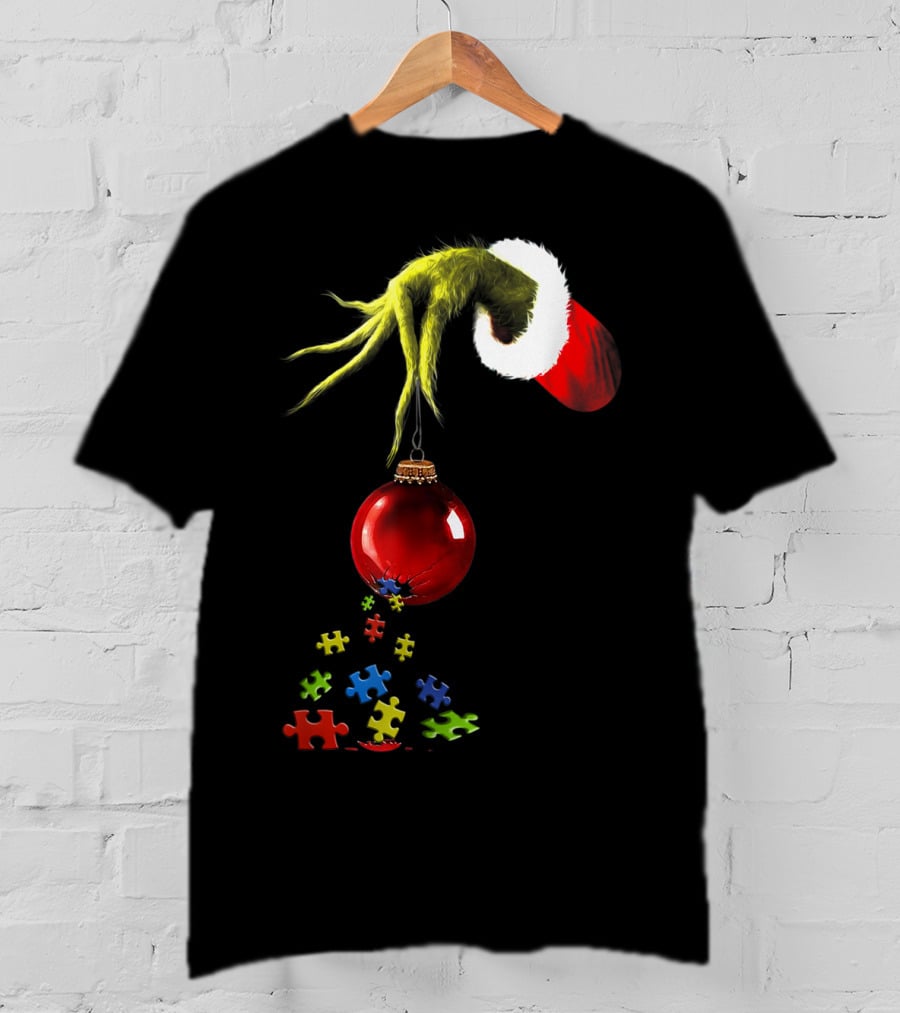 Grinch Hand Holding Red Ornament With Autism Puzzle Pieces T-Shirt