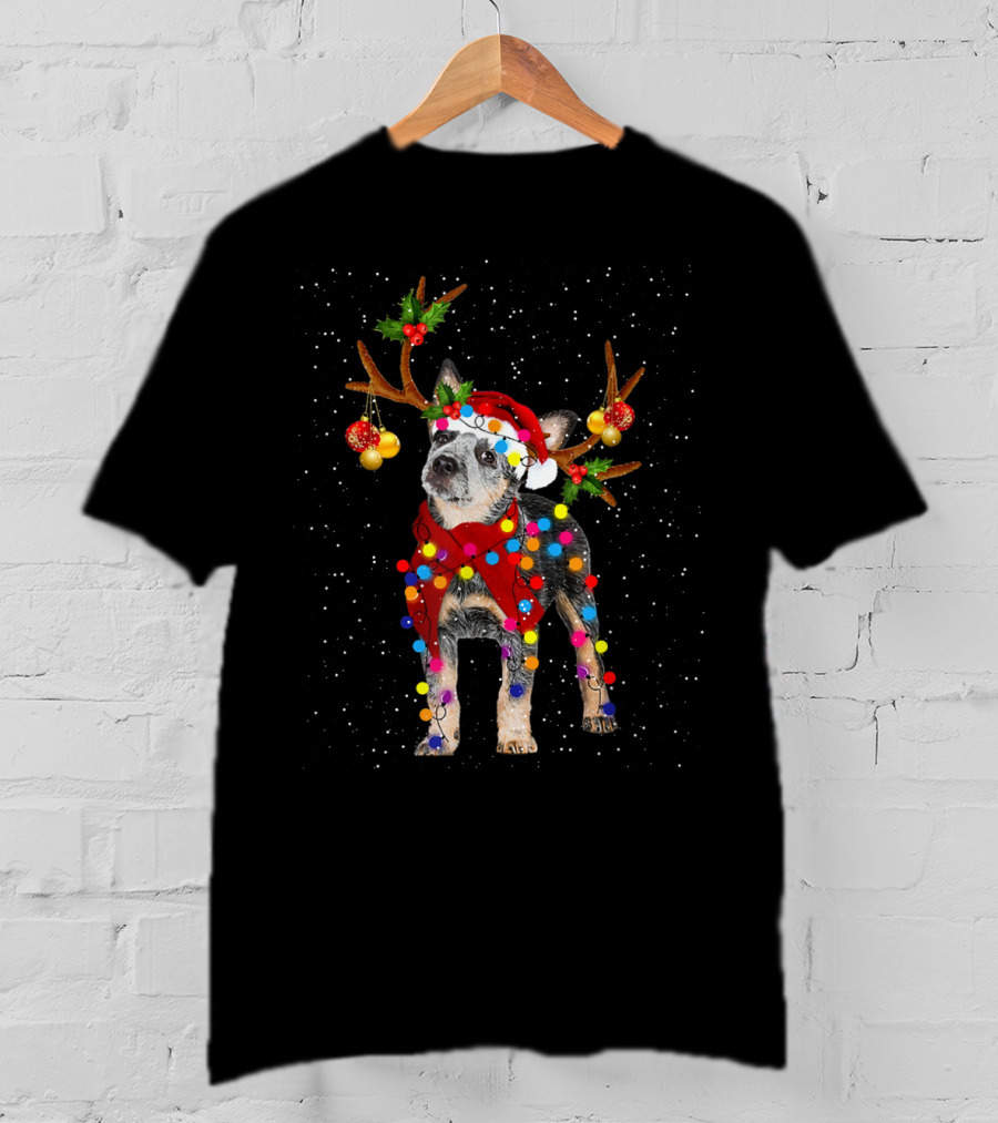 Heeler Dog In Santa Hat With Reindeer Antlers Christmas Lights Snowflakes T-Shirt