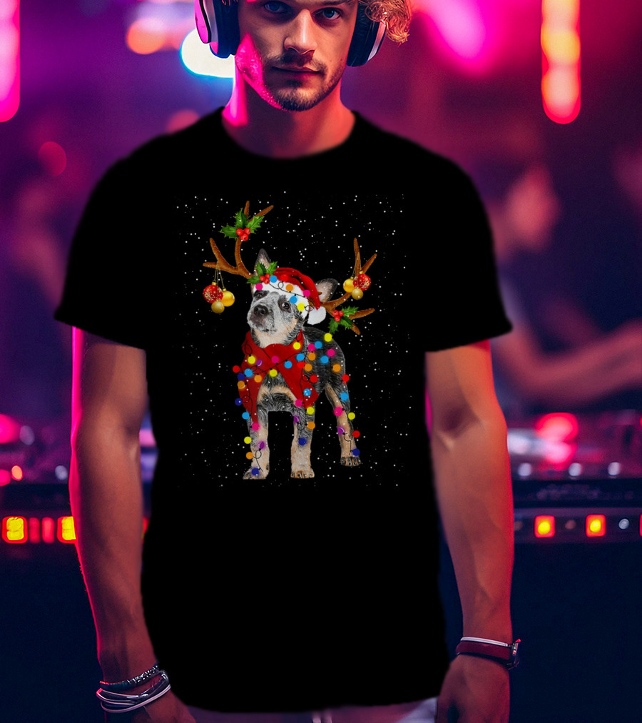 Heeler Dog In Santa Hat With Reindeer Antlers Christmas Lights Snowflakes T-Shirt