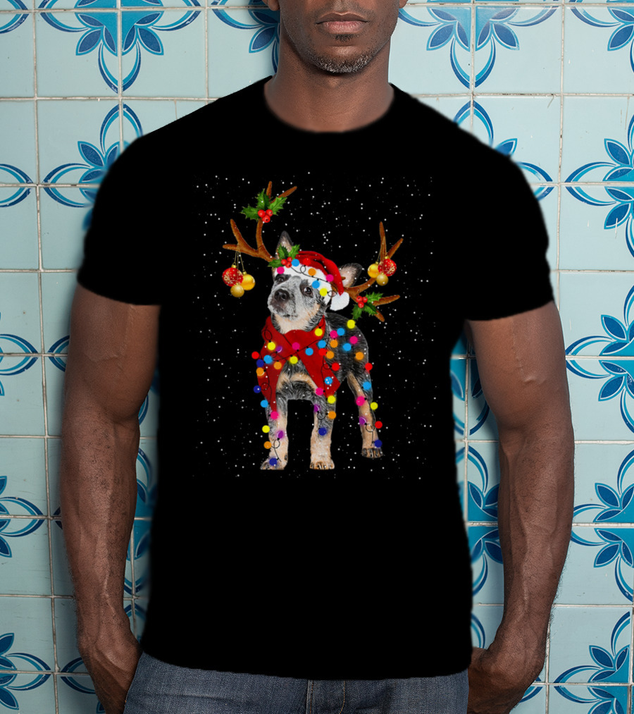 Heeler Dog In Santa Hat With Reindeer Antlers Christmas Lights Snowflakes T-Shirt