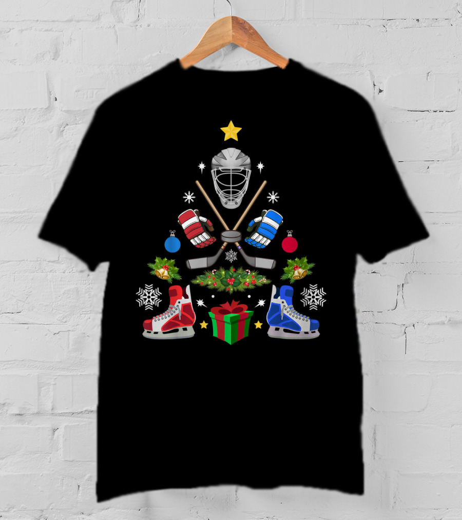 Ice Hockey Christmas Tree Ornaments With Helmets Skates And Sticks T-Shirt