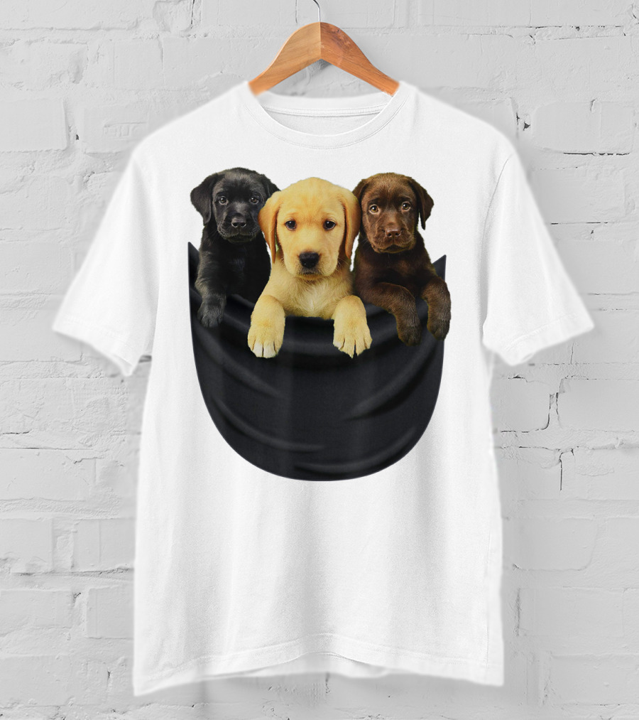 Labrador Retriever Puppy Trio In Big Black Pocket Dog T-Shirt
