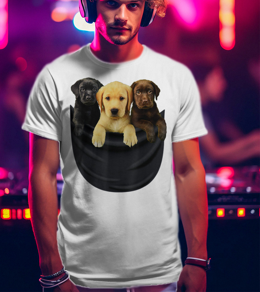 Labrador Retriever Puppy Trio In Big Black Pocket Dog T-Shirt