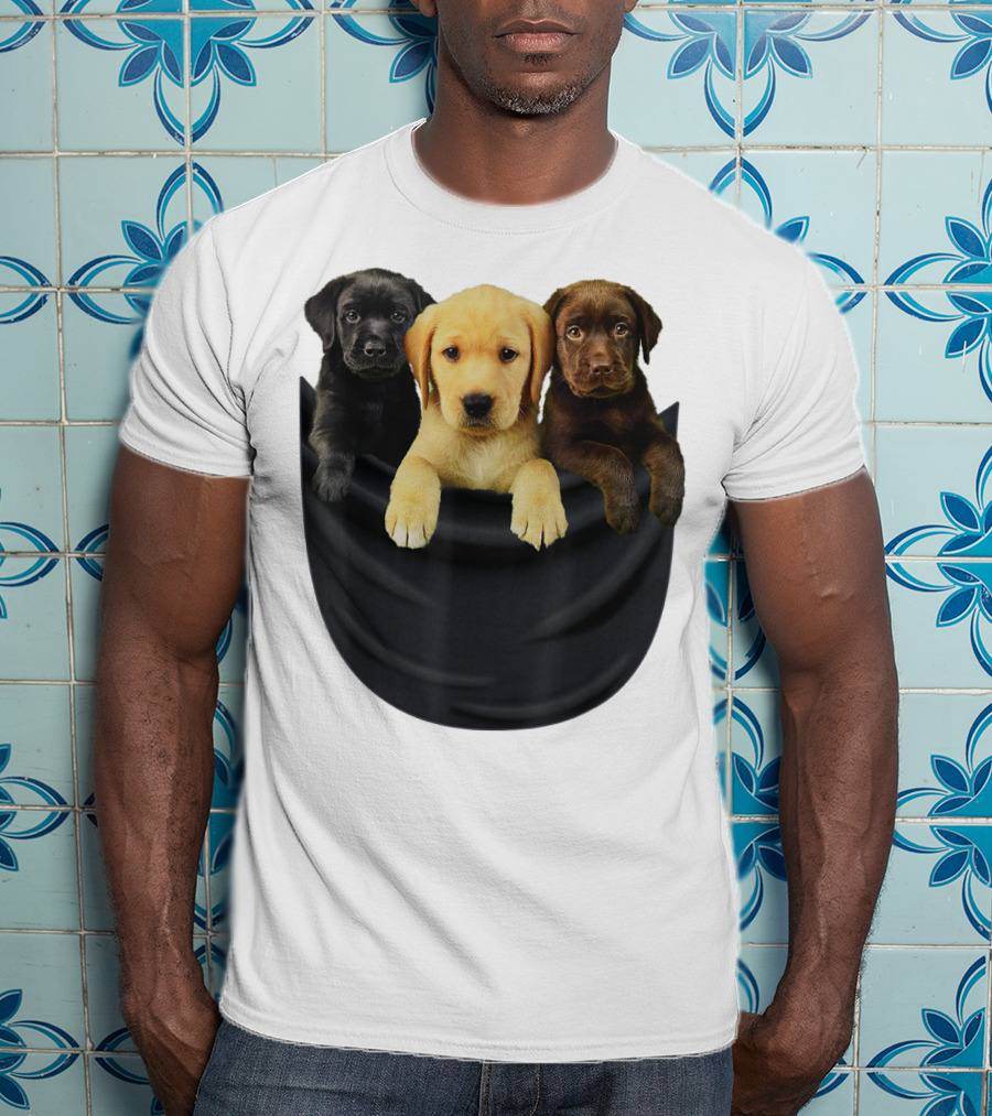 Labrador Retriever Puppy Trio In Big Black Pocket Dog T-Shirt