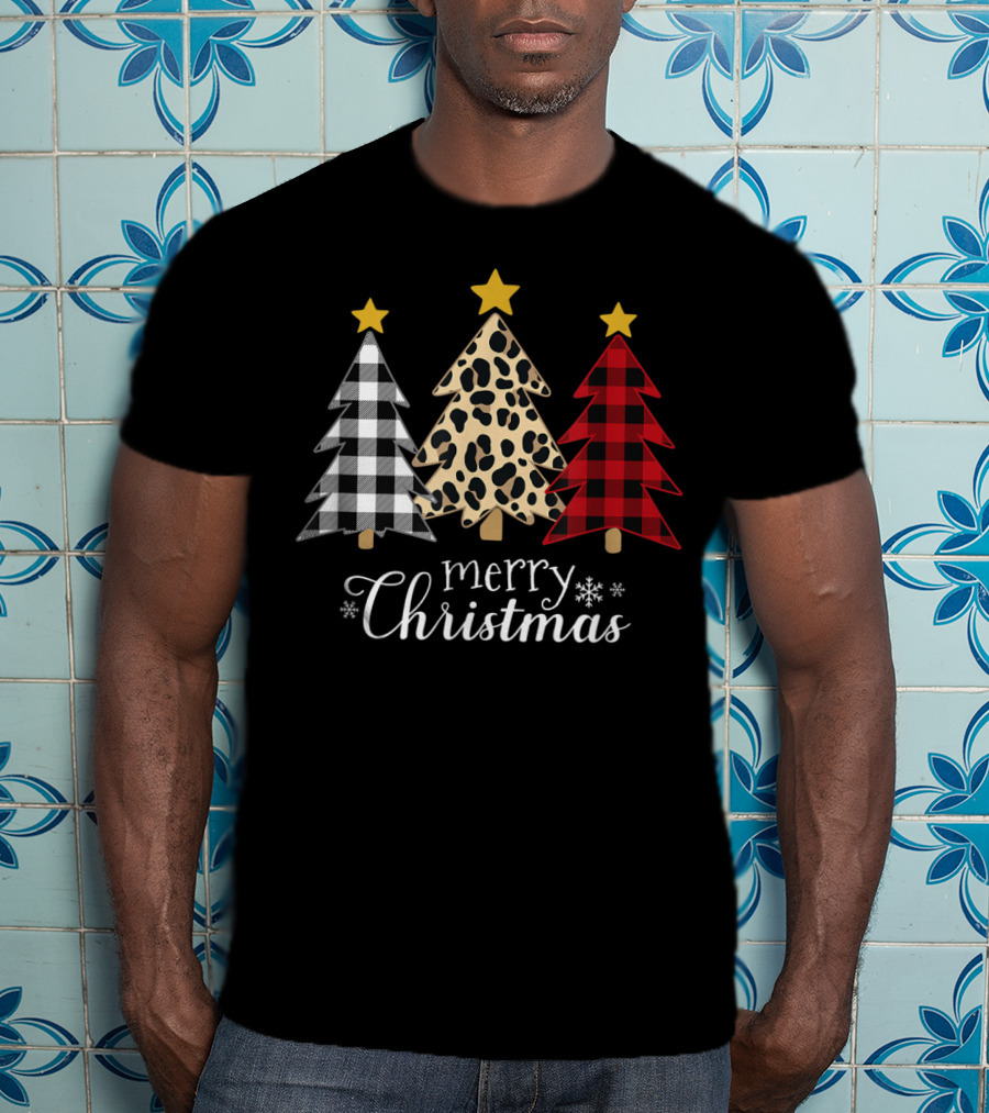 Merry Christmas Buffalo Plaid And Leopard Print Xmas Trees T-Shirt
