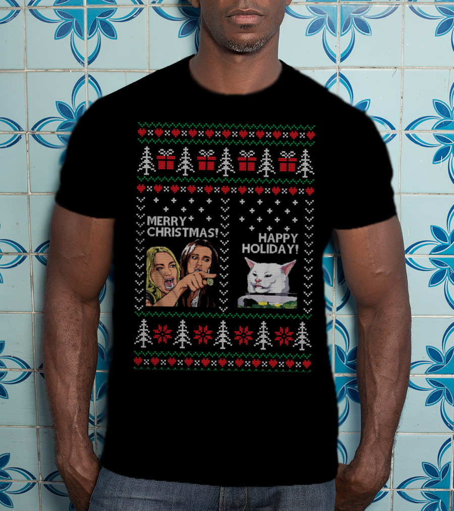 Merry Christmas Happy Holiday Woman Yelling Confused Cat Meme Christmas Trees Gifts Snowflakes T-Shirt