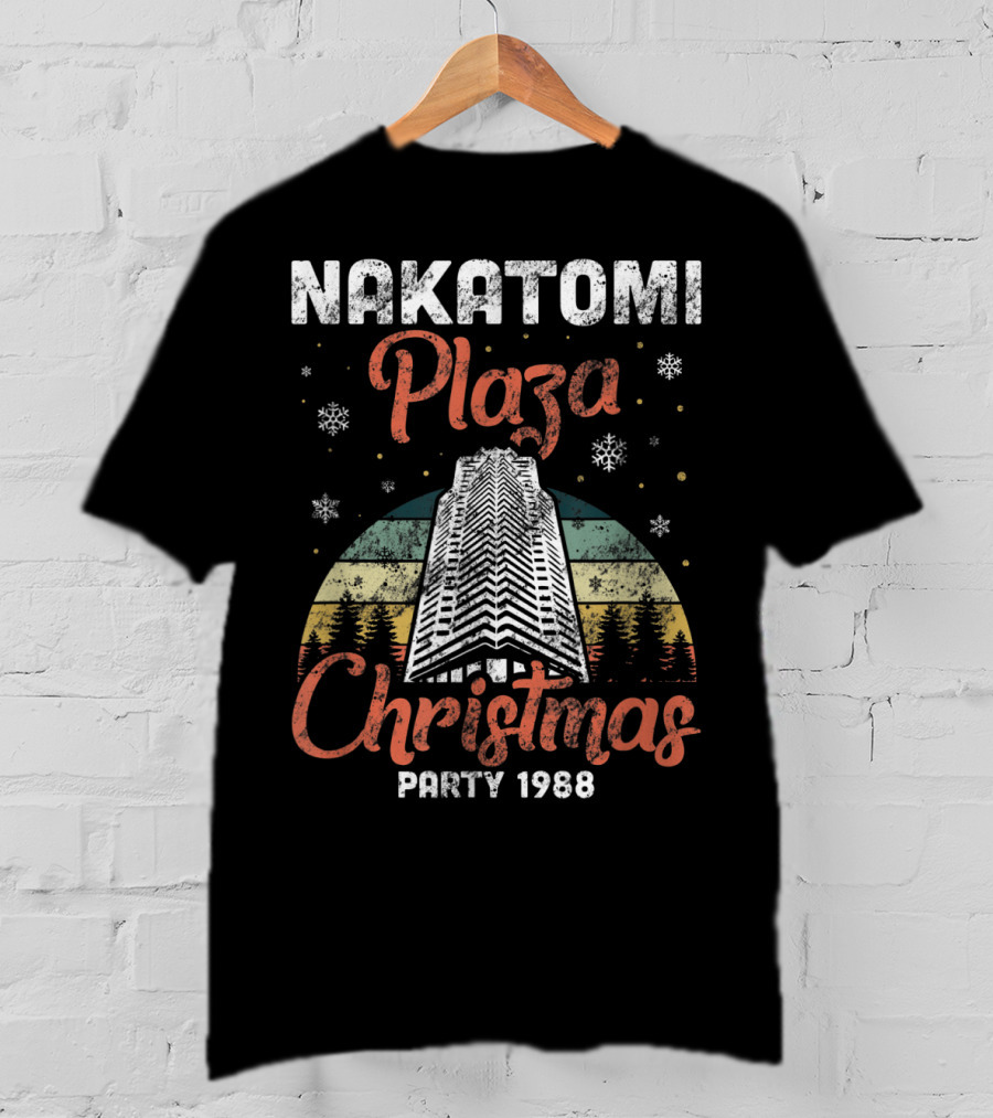 Nakatomi Plaza Christmas Party 1988 Holiday Retro Snowflakes Forest Scene T-Shirt