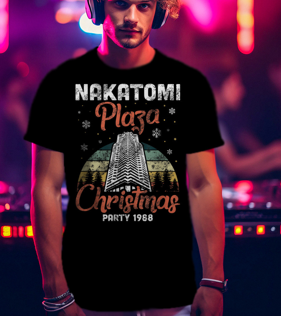 Nakatomi Plaza Christmas Party 1988 Holiday Retro Snowflakes Forest Scene T-Shirt