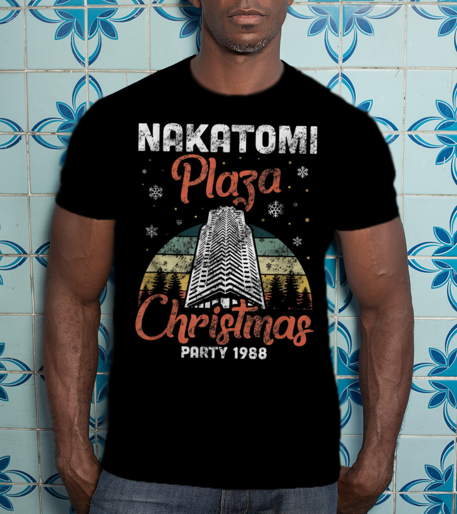 Nakatomi Plaza Christmas Party 1988 Holiday Retro Snowflakes Forest Scene T-Shirt