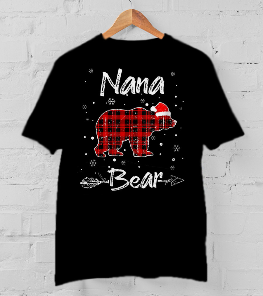 Nana Bear Christmas Red Plaid Santa Hat Snowflakes Arrow T-Shirt