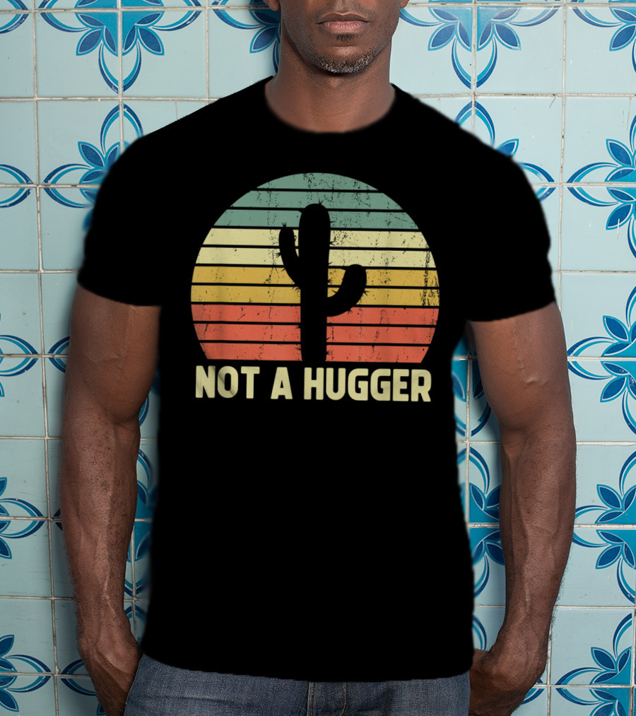 Not A Hugger Cactus Retro Sunset Sarcastic Introvert T-Shirt